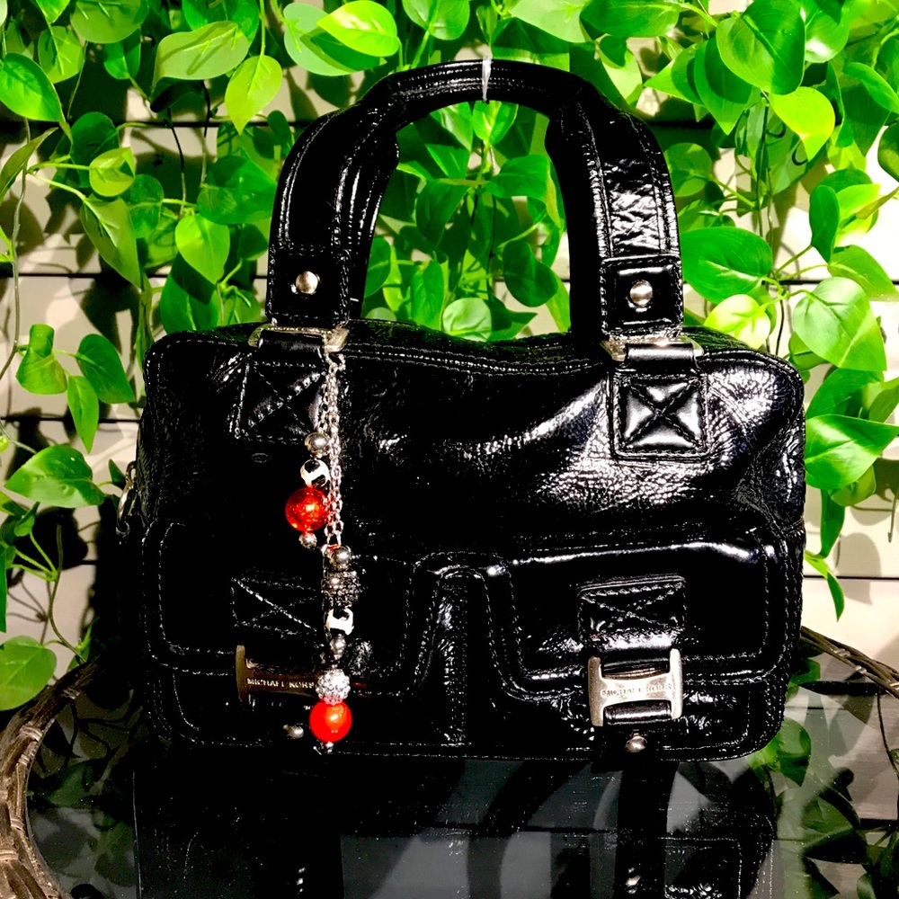 Black patent leather Michael Kors bag w/ handmade purse charm
